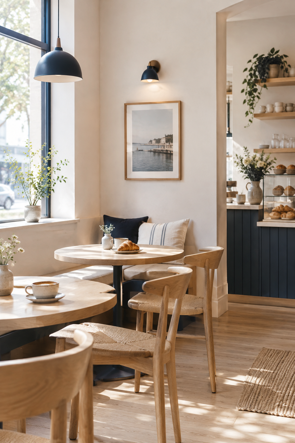 Bright Scandinavian-inspired cafe interior with pale oak tables and soft window light