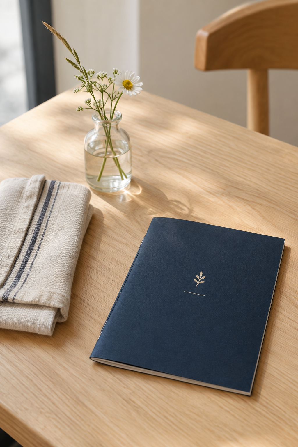 Small hospitality detail of folded linen, a single wildflower and a navy cafe menu