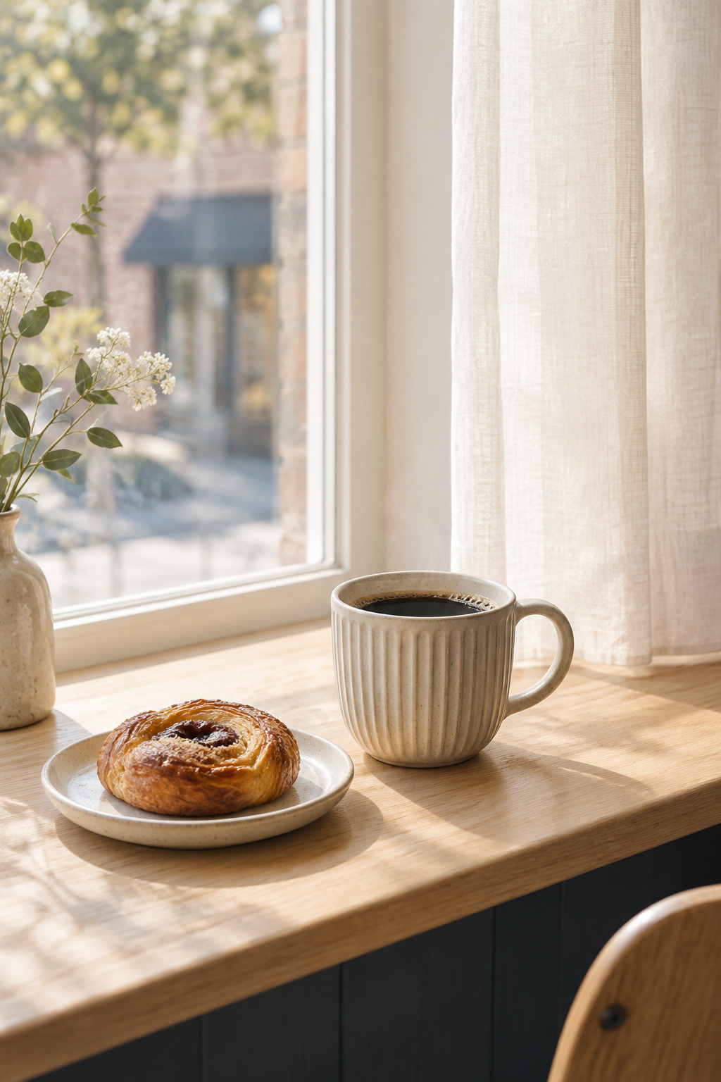 Filter coffee and a small pastry resting beside a bright cafe window