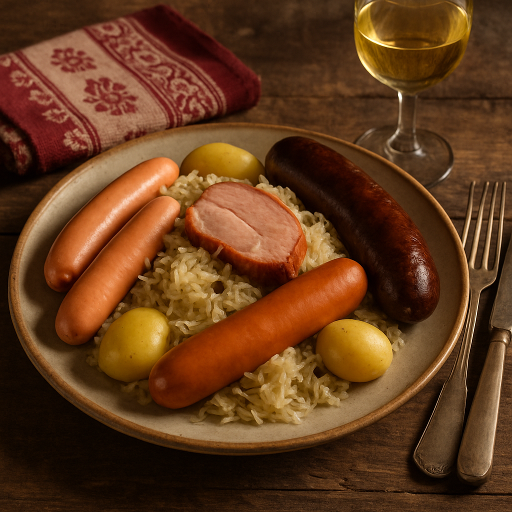 Alsatian choucroute garnie with sausages and sauerkraut