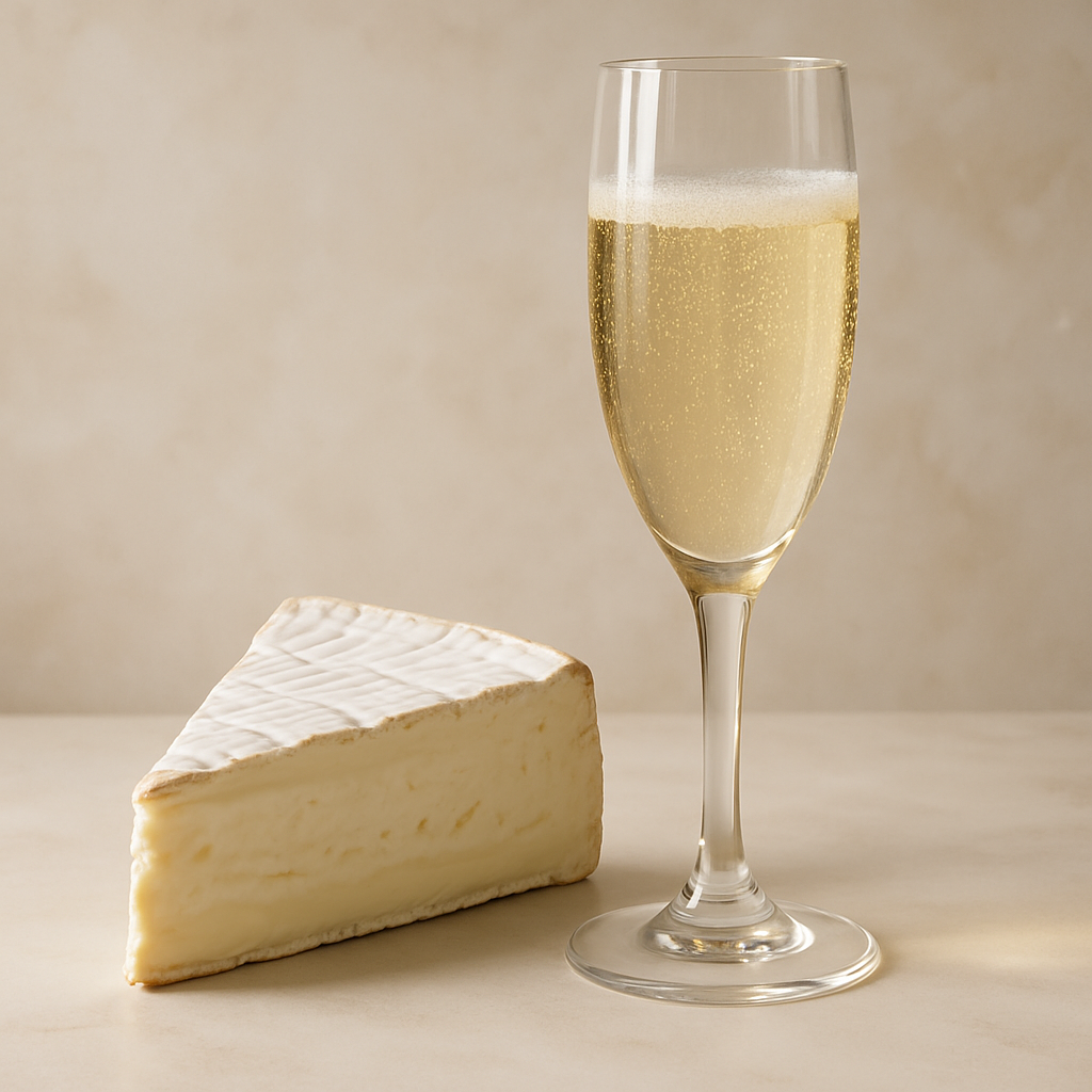 Brie cheese wedge beside a glass of Champagne