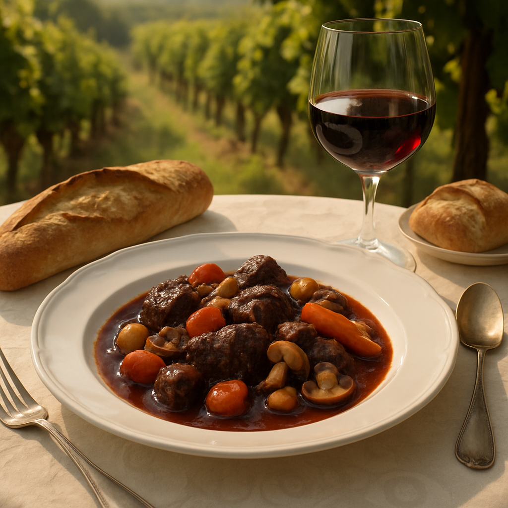 Burgundy beef bourguignon with red wine and mushrooms