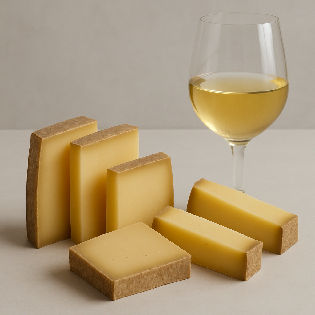 Comté cheese slices with a Chardonnay glass