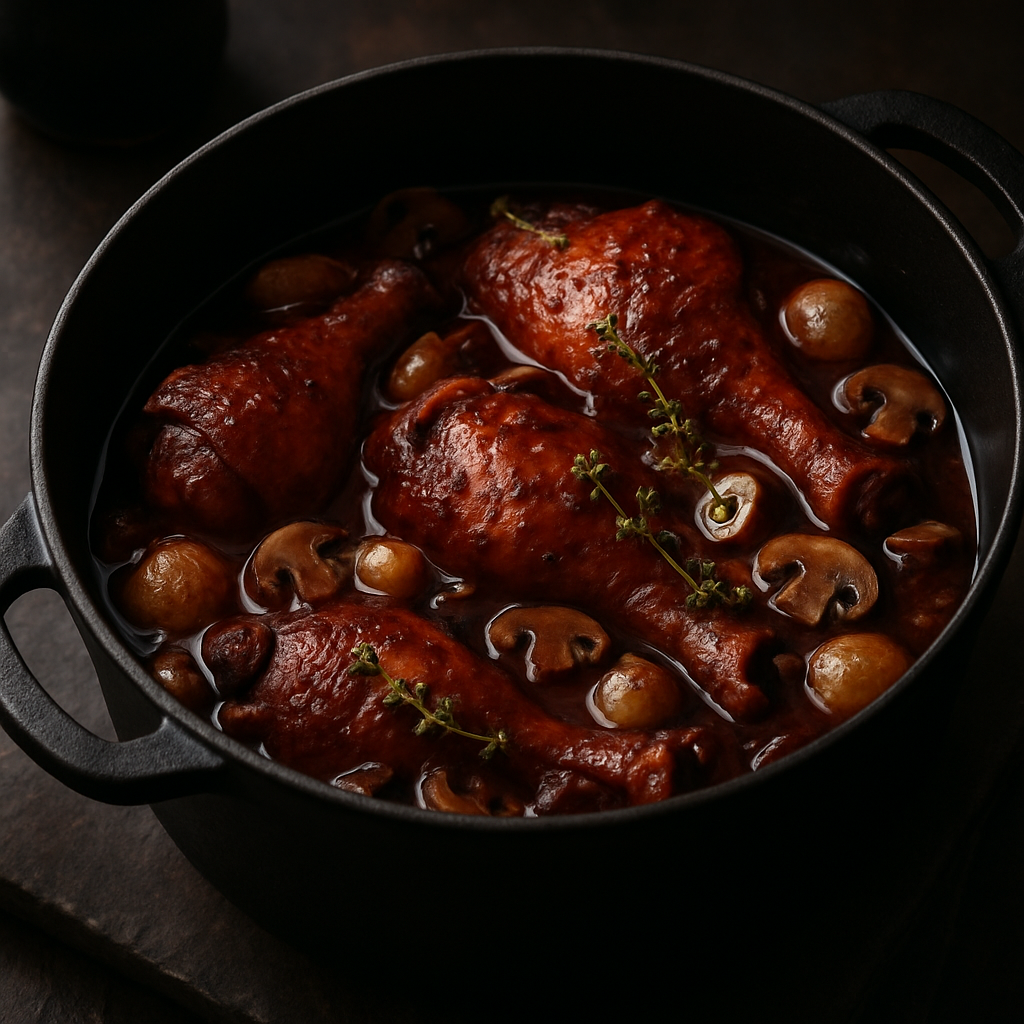 Coq au Vin, braised chicken in deep red wine sauce with mushrooms and herbs, in a cast iron pot
