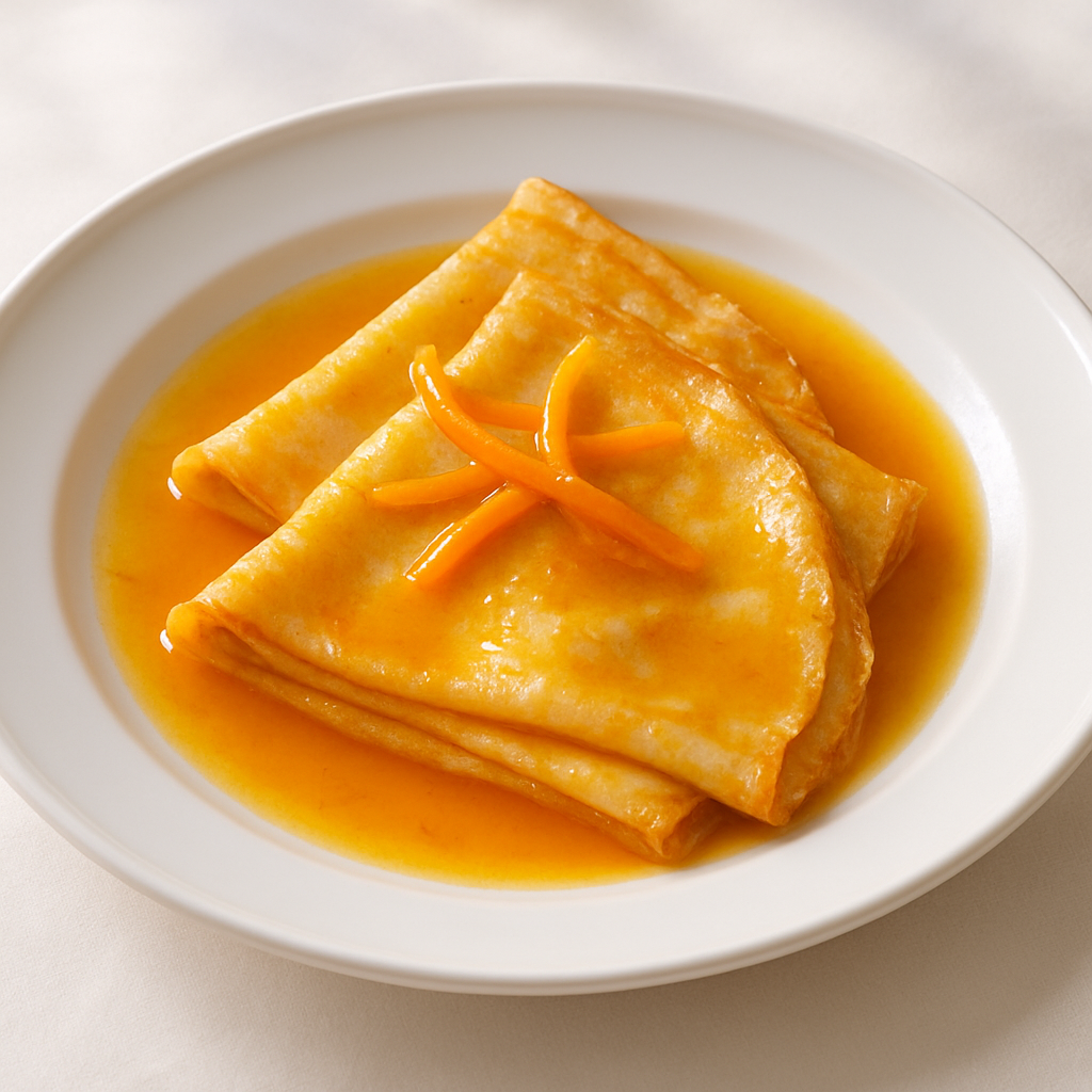 Crêpes Suzette, thin golden French pancakes folded with orange sauce, on a white plate