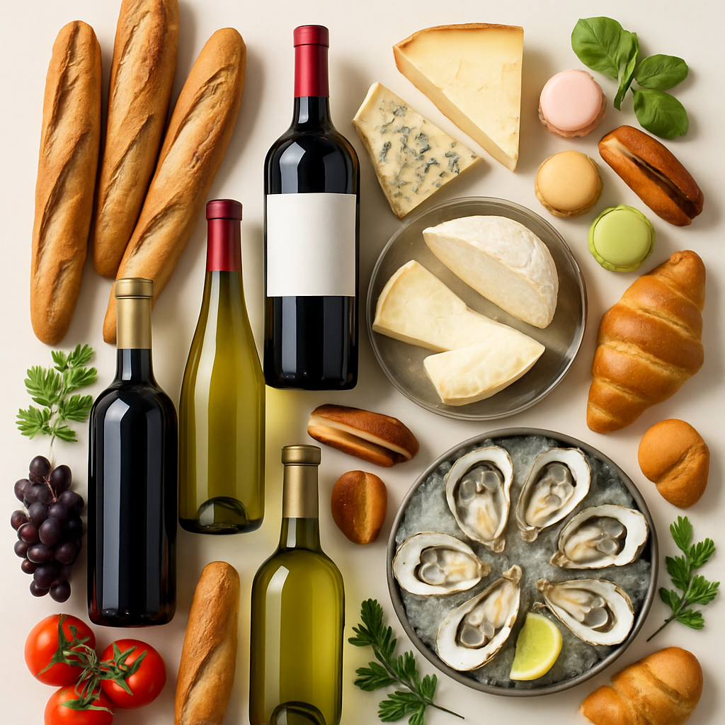 Collage of French wine bottles, cheeses, baguettes, oysters, pastries, and fresh produce