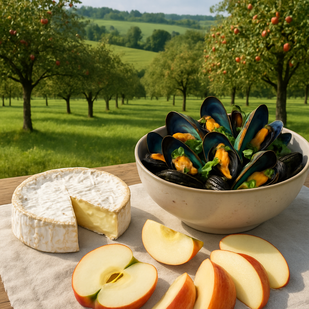 Normandy Camembert cheese, apples, and seafood