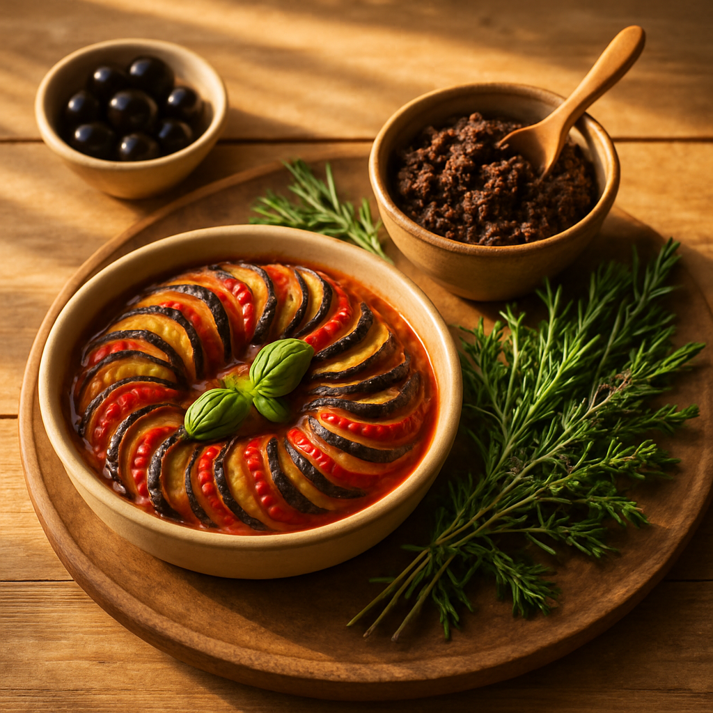 Provençal ratatouille, tapenade, and herbs on rustic plate