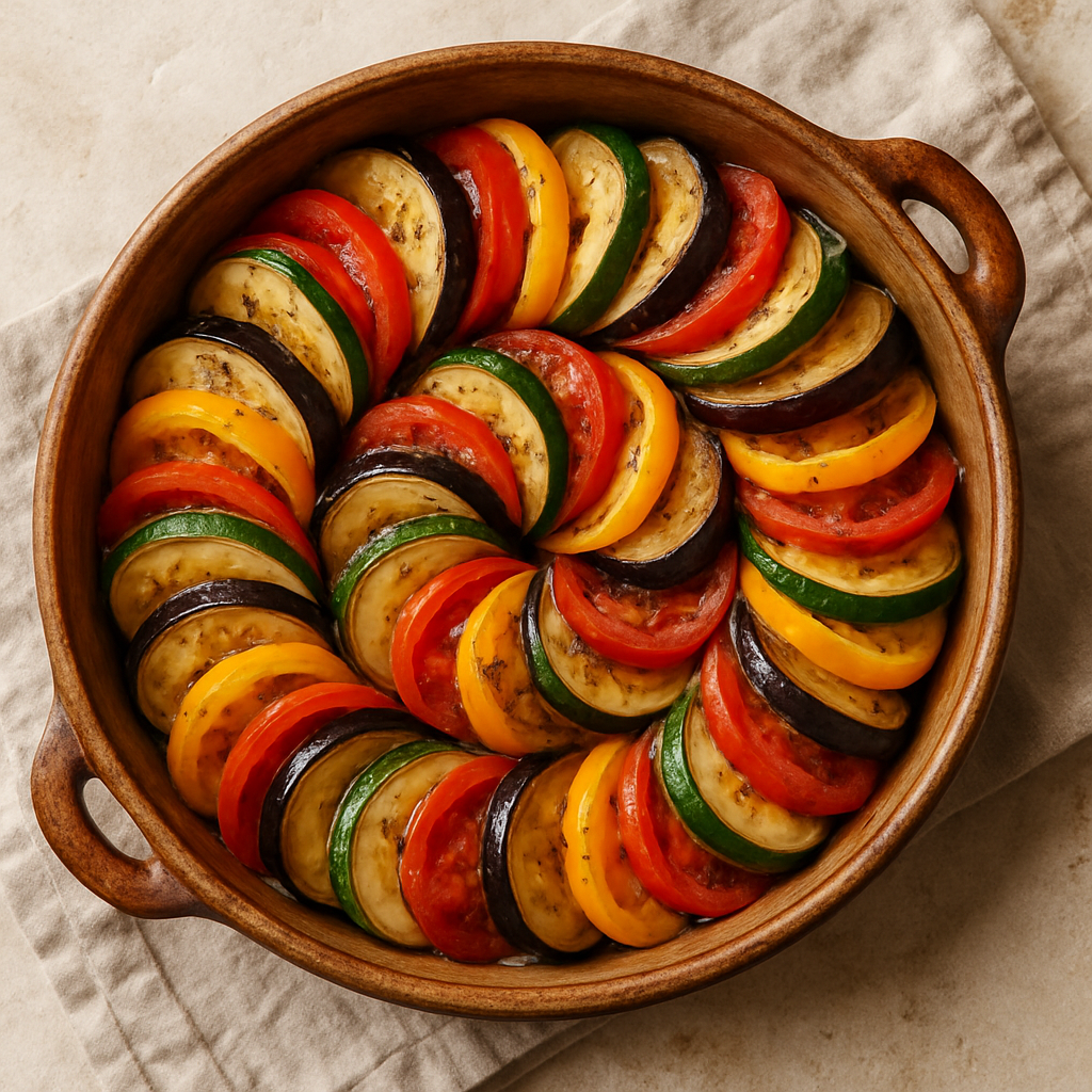 Ratatouille, colorful baked Provençal vegetable medley in a rustic ceramic dish