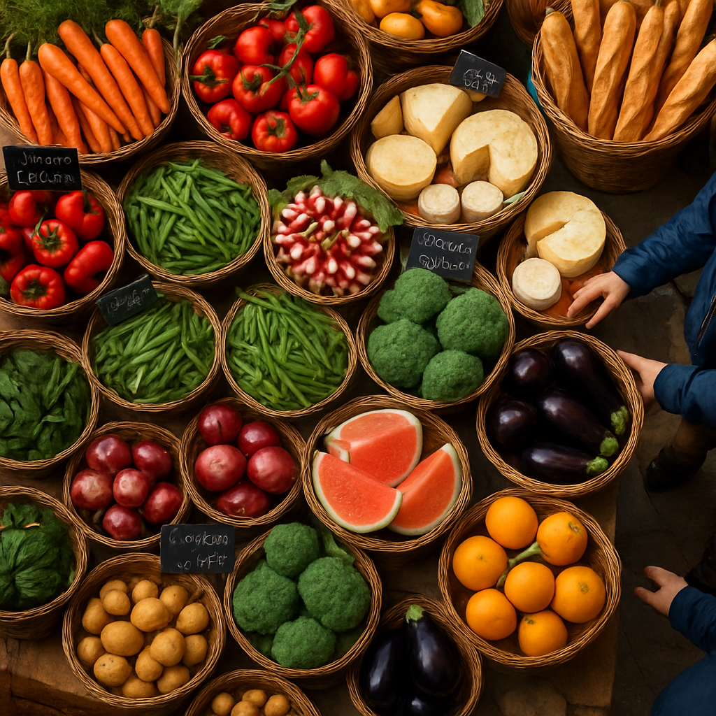 Vivid photo of French market: fresh produce, cheeses, and baguettes