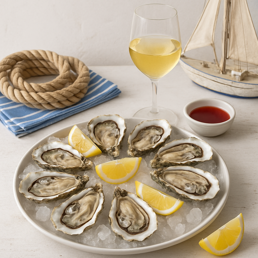 Selection of oysters, lemons, and Muscadet wine on coastal table