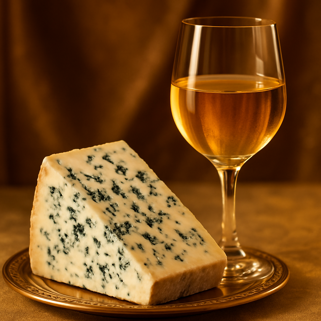 Roquefort cheese with a glass of golden Sauternes