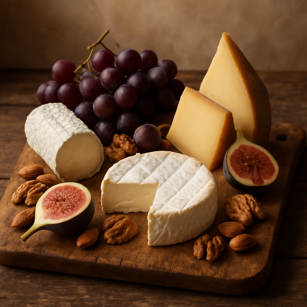 Assorted French cheeses on a rustic board