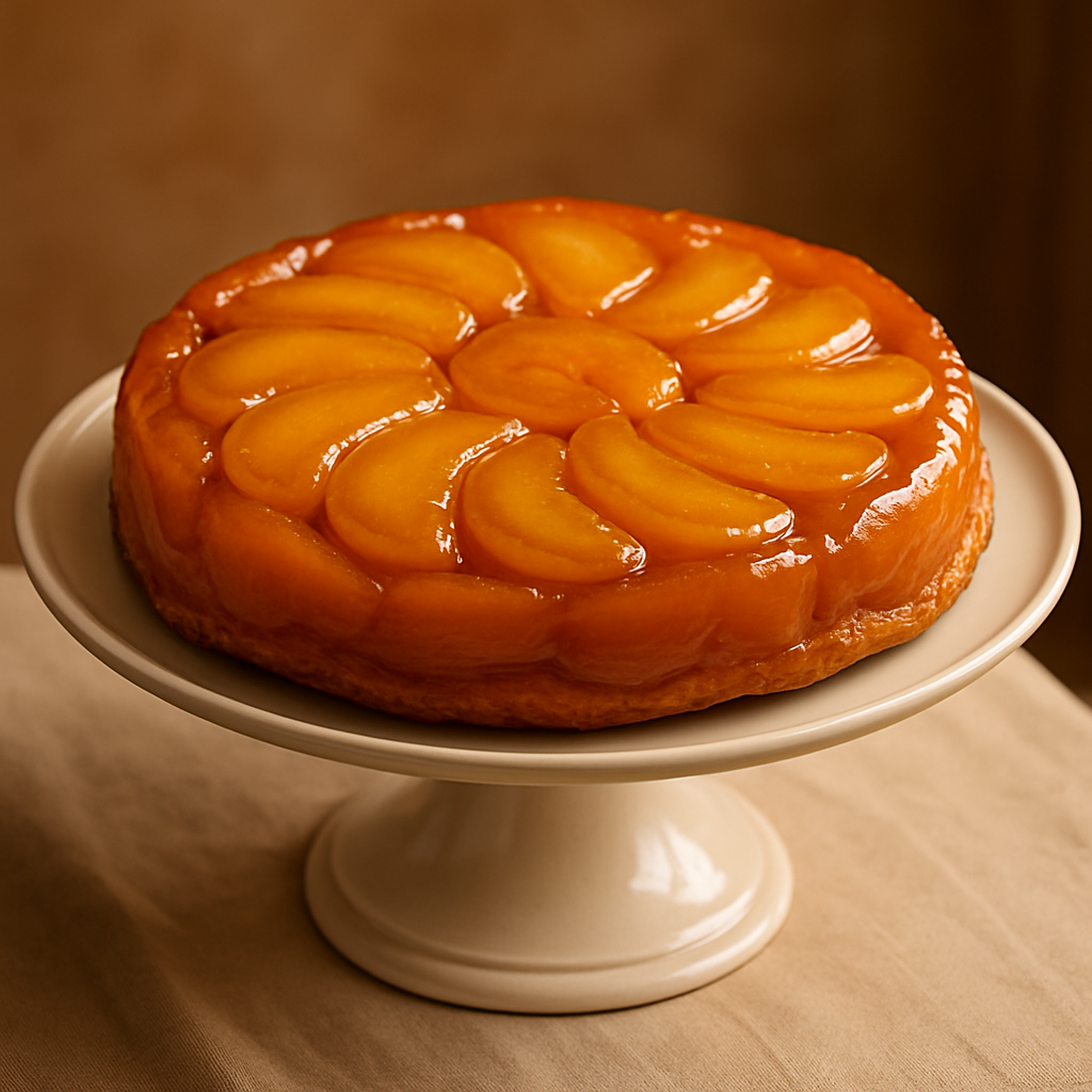 Tarte Tatin, caramelized upside-down apple tart, glossy and golden, on a cake stand