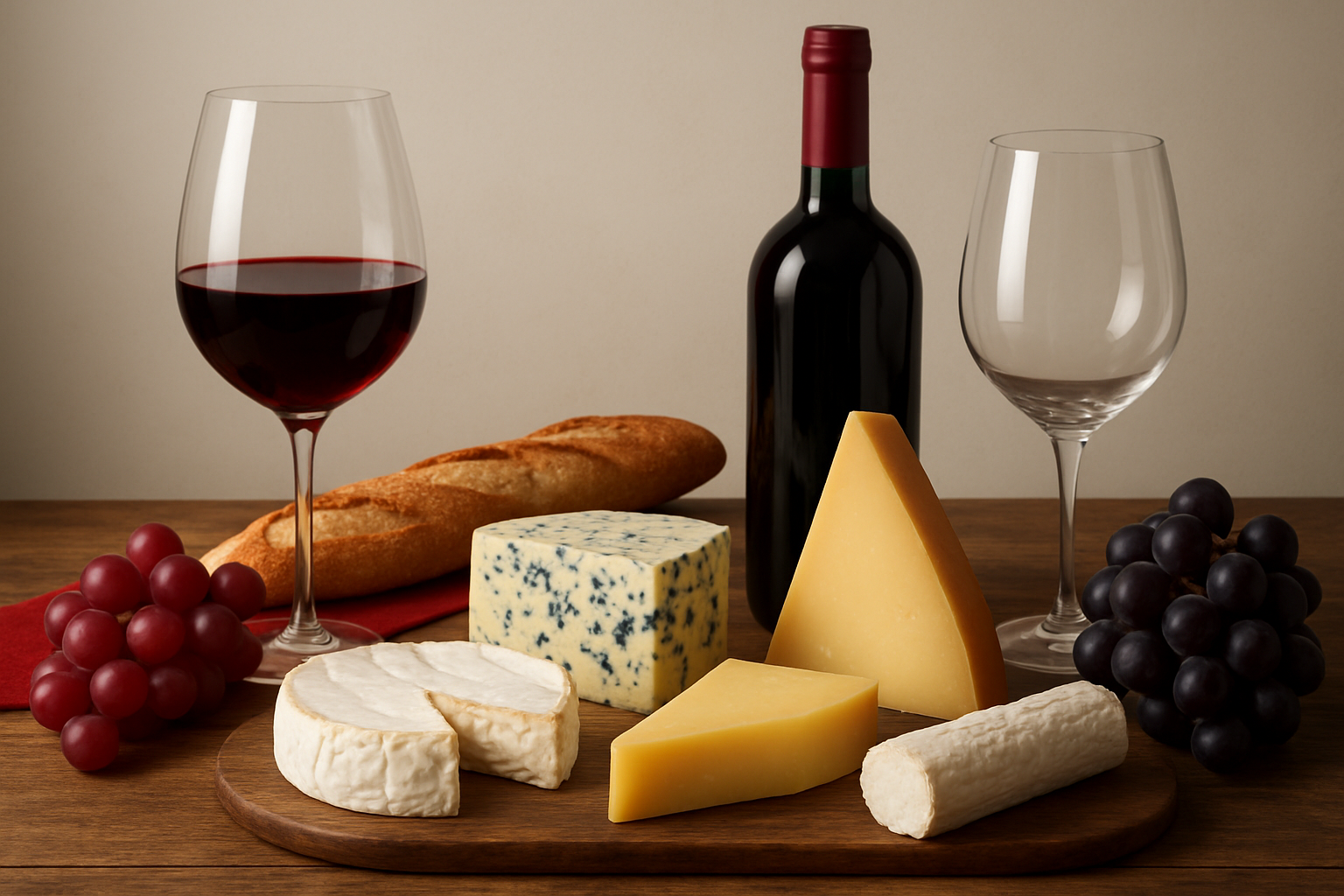 Elegant French wine and cheese assortment with glasses and fresh grapes on a rustic table