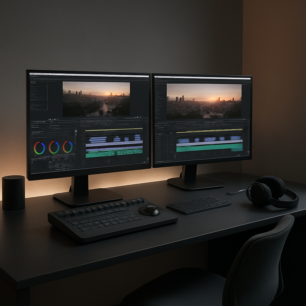 High-end editing suite with dual monitors