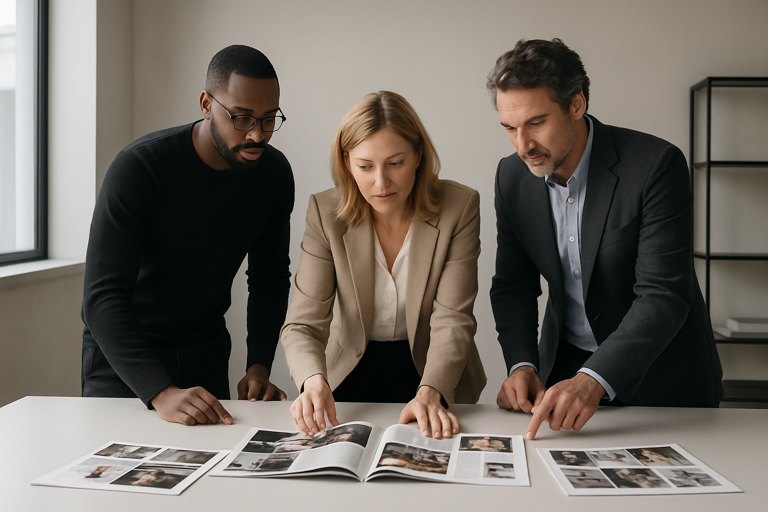Editorial team reviewing a premium media layout in a bright studio