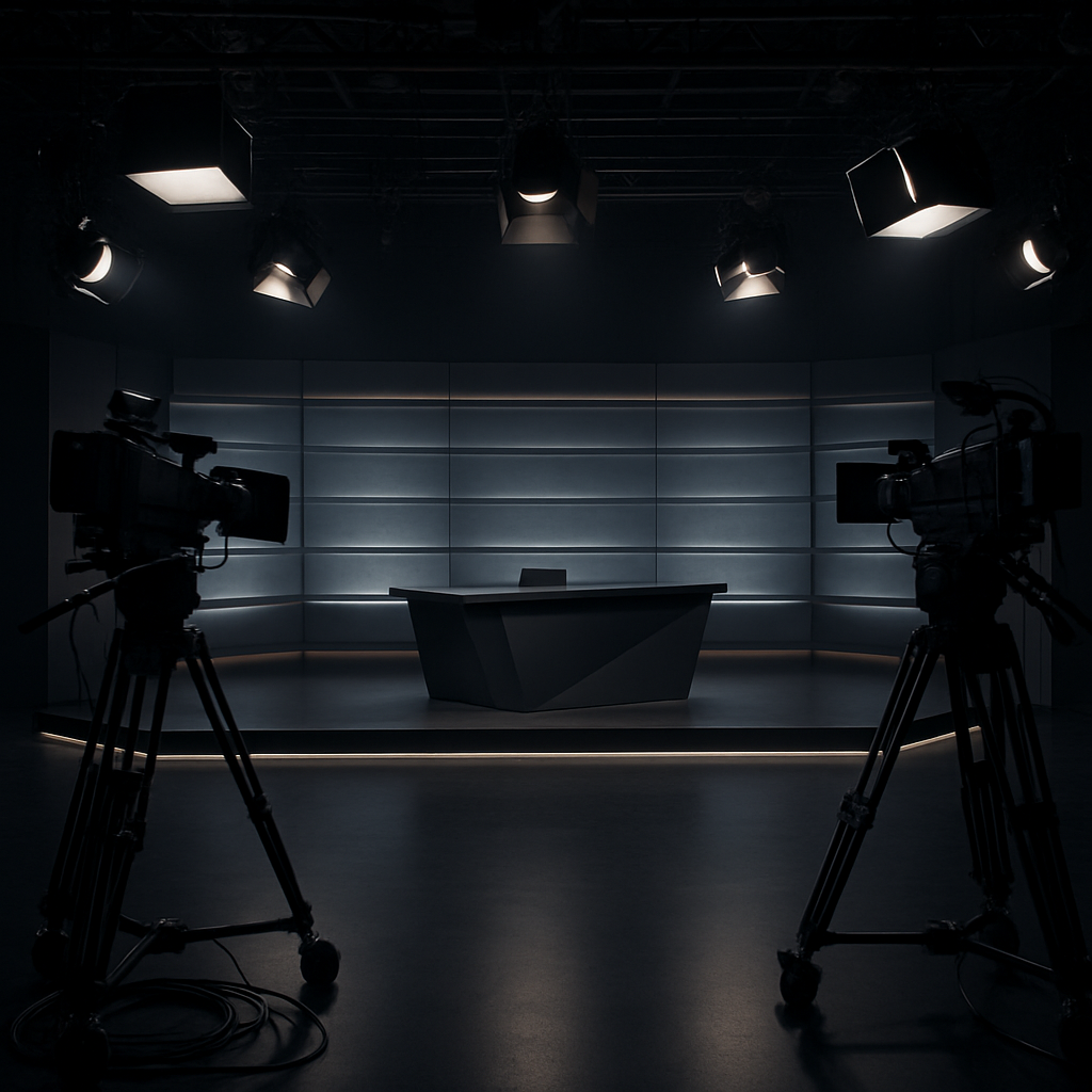 Live broadcast set with cameras and lighting