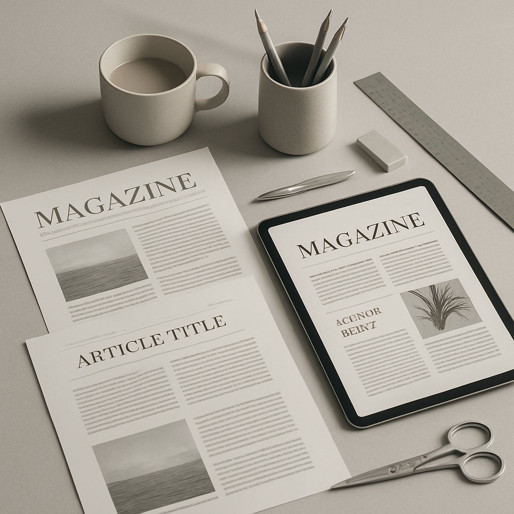 Magazine-style layout with printed proofs and tablet