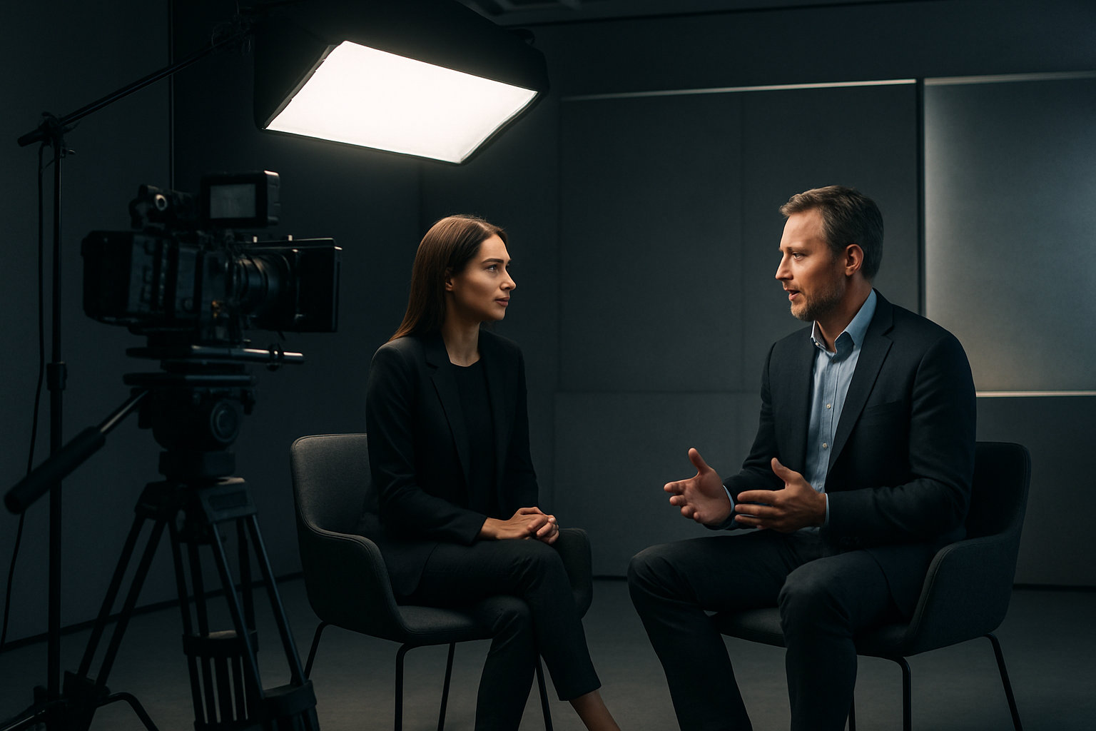 Cinematic studio interview with modern lighting