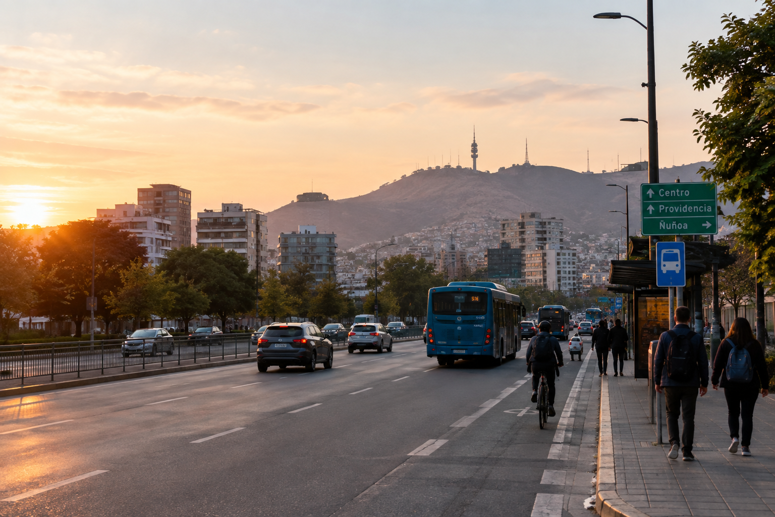 Escena real de movilidad urbana en Chile con personas, vehículos y territorio al fondo