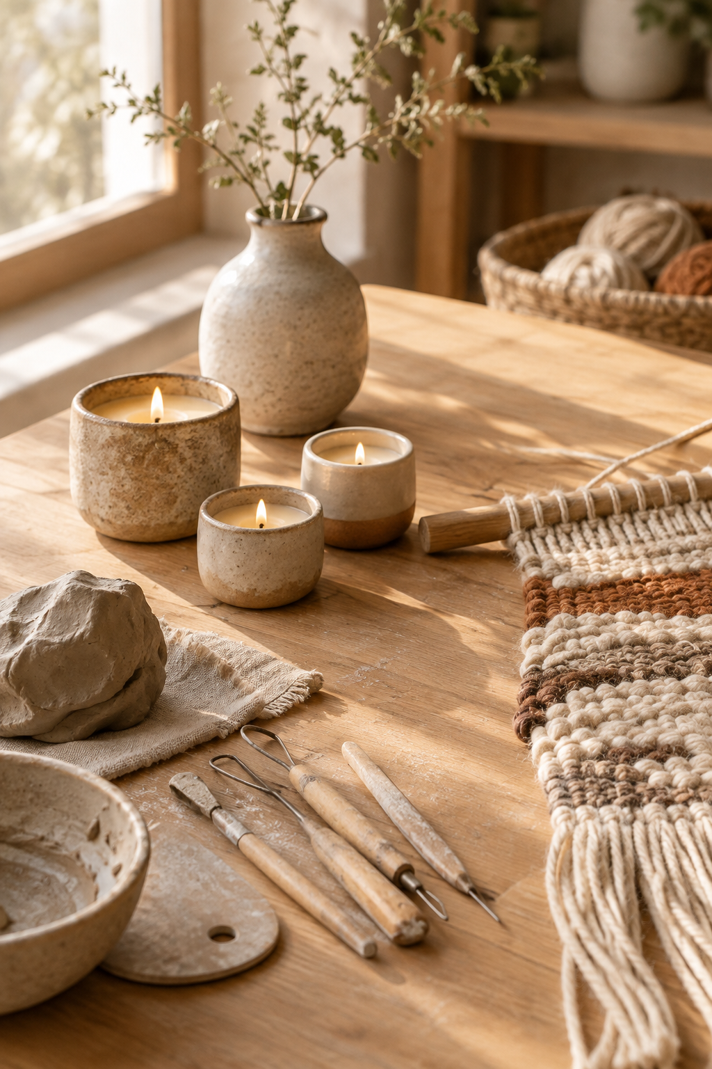 Close-up artisan workspace with clay tools, natural fibers, and warm morning light