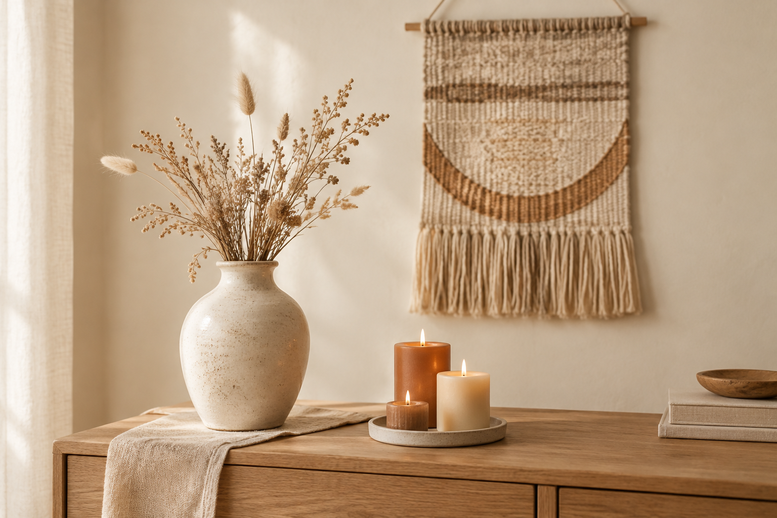 Calm styled arrangement of handmade candle set, ceramic vase, and woven wall decor in a warm neutral interior