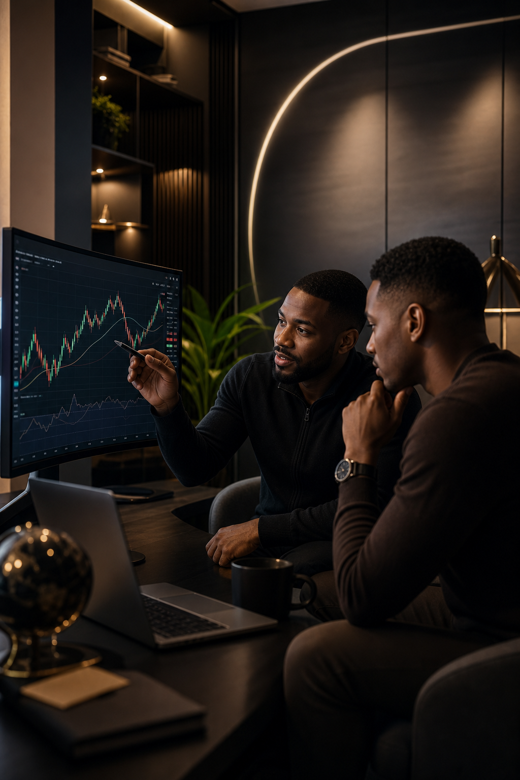 Confident trading mentor reviewing synthetic market charts with a client in a premium dark modern workspace with subtle luminous curves