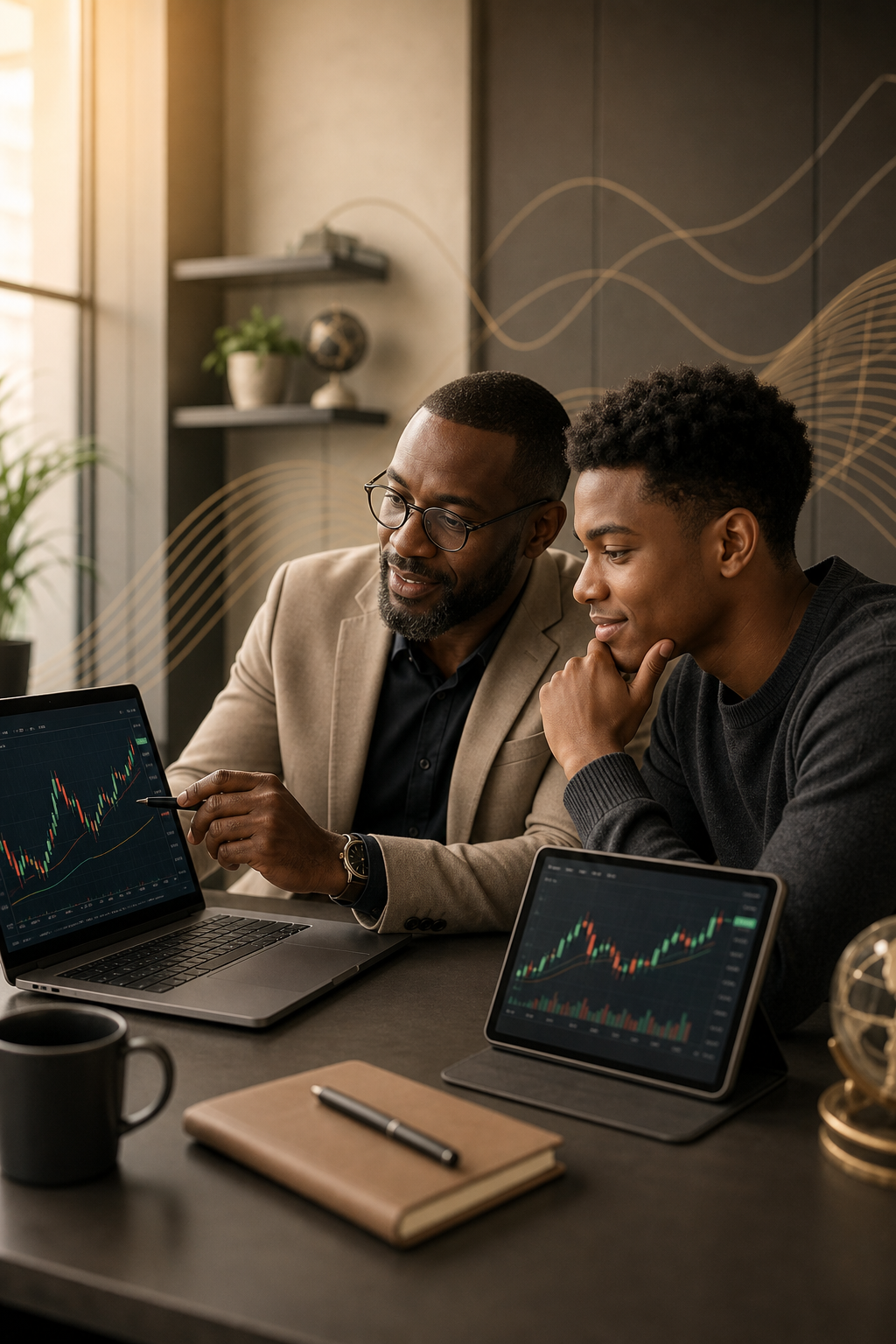 Warm professional mentorship session with a trader and mentor reviewing synthetic market insights, with subtle abstract curve motifs in the background