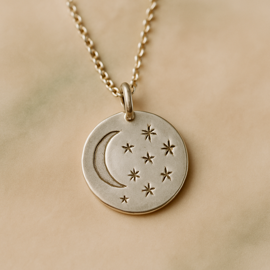 Round celestial-engraved silver pendant necklace