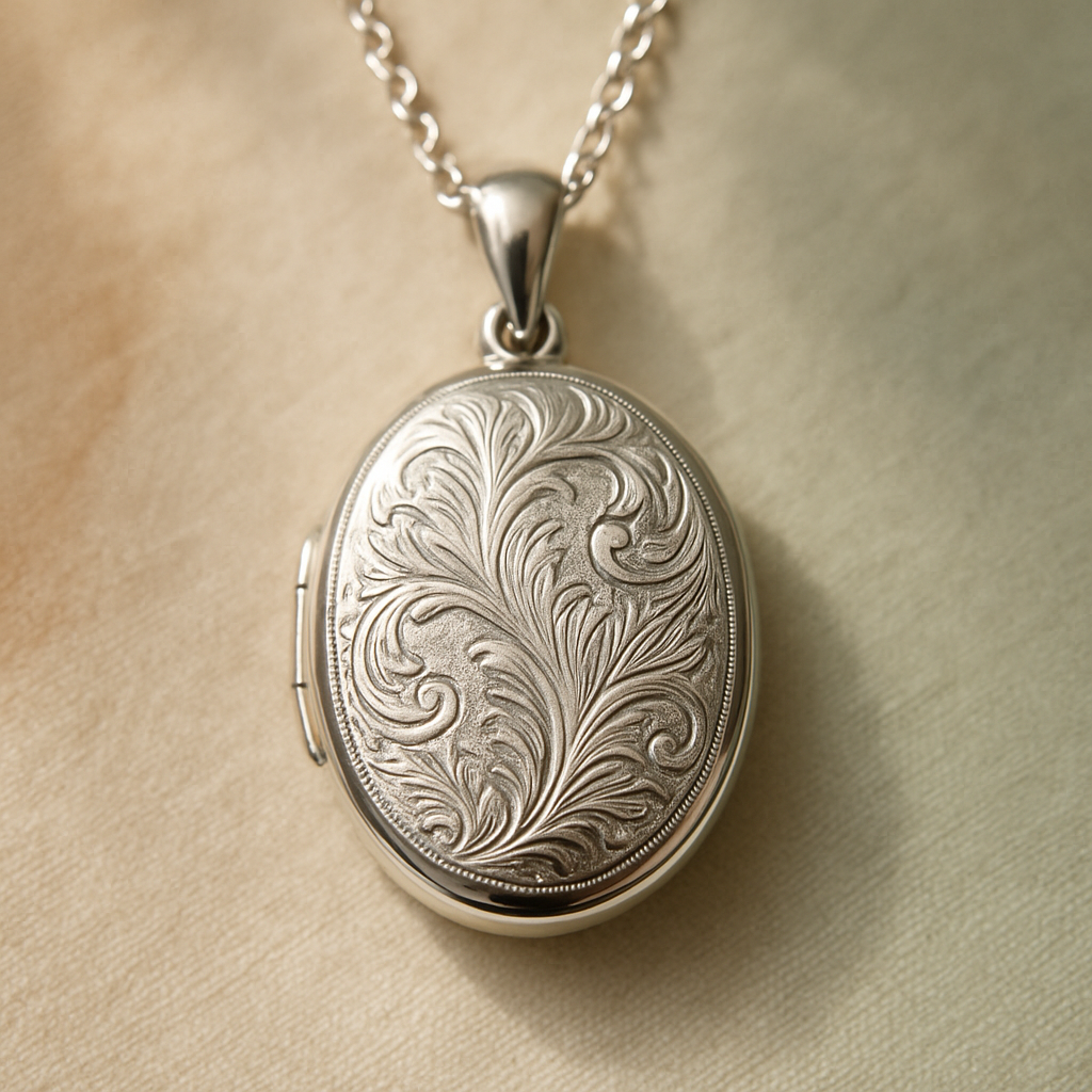 Oval silver locket necklace with hand engraving