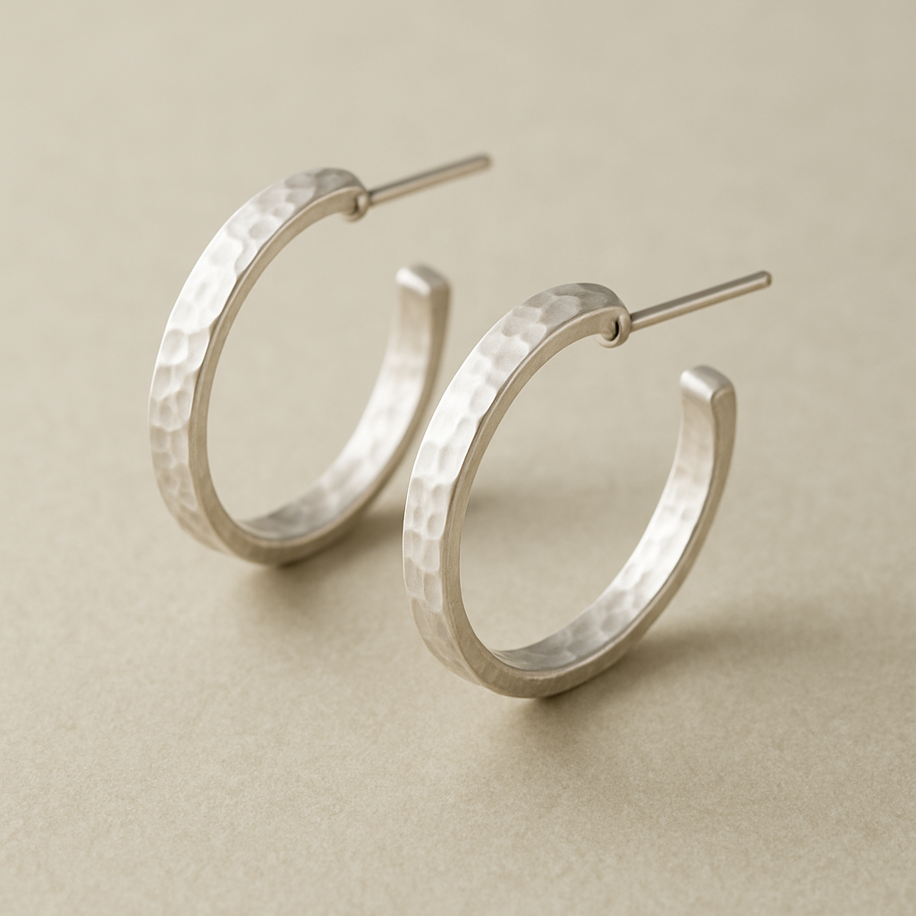Hammered medium-sized sterling silver hoop earrings