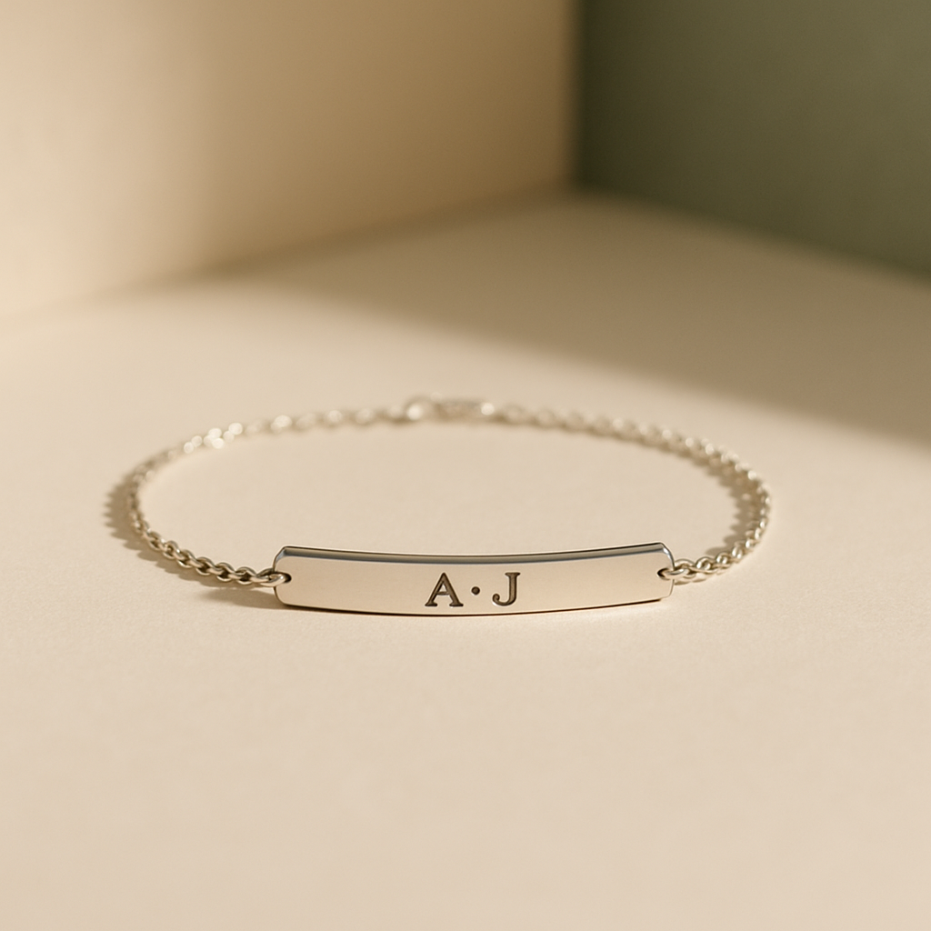 Slim silver bar bracelet with engraved initials