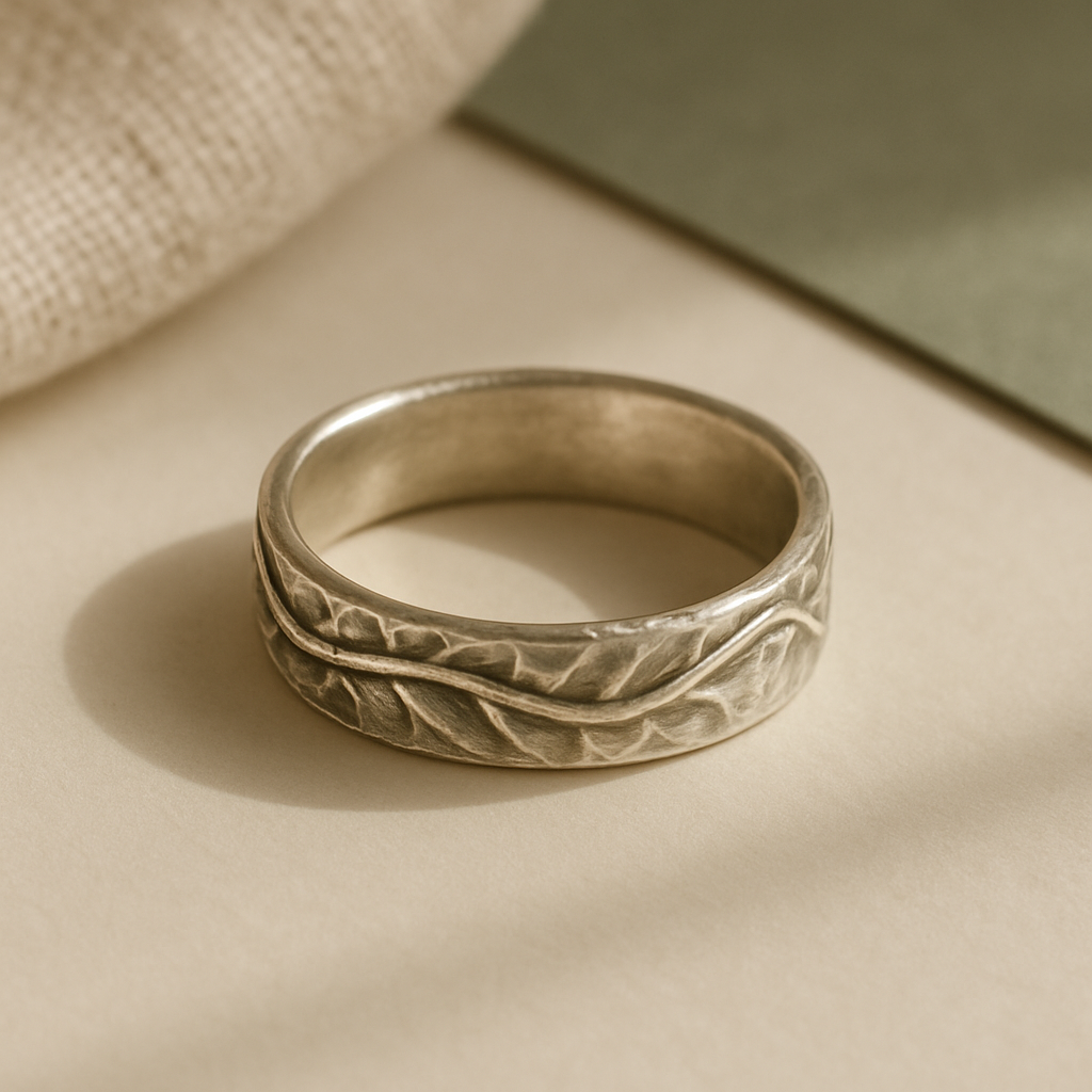 Hand-forged vine-texture silver ring band