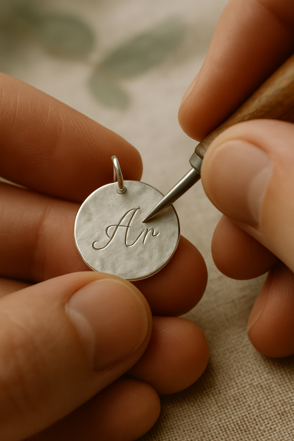 Close-up of a handmade silver pendant being engraved with initials