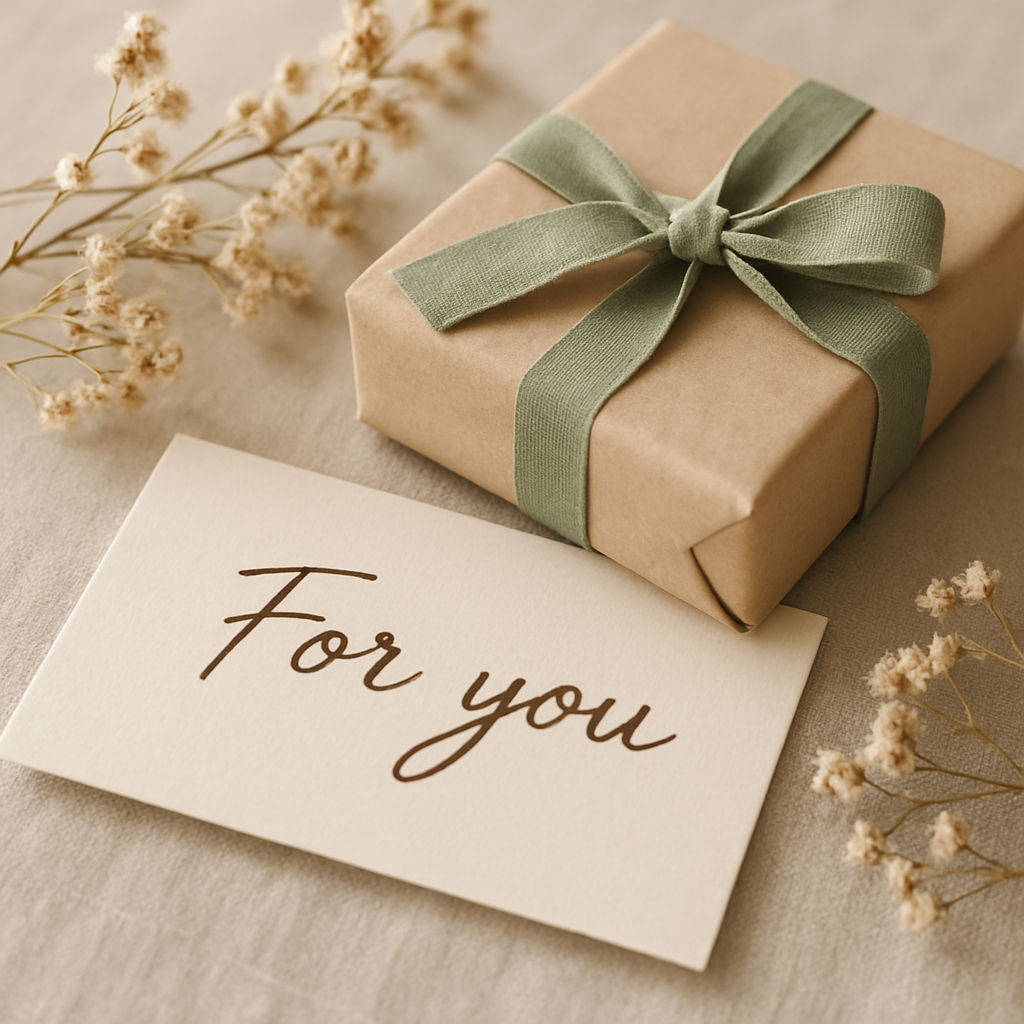 Handwritten gift note card beside wrapped jewelry package