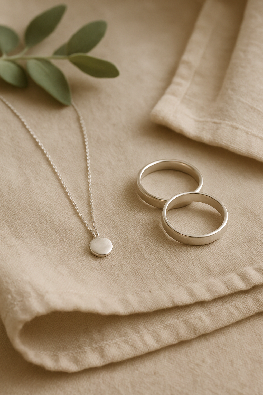 Handmade silver necklace and rings arranged on natural linen