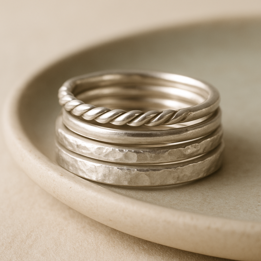 Stack of handcrafted sterling silver rings with subtle texture details