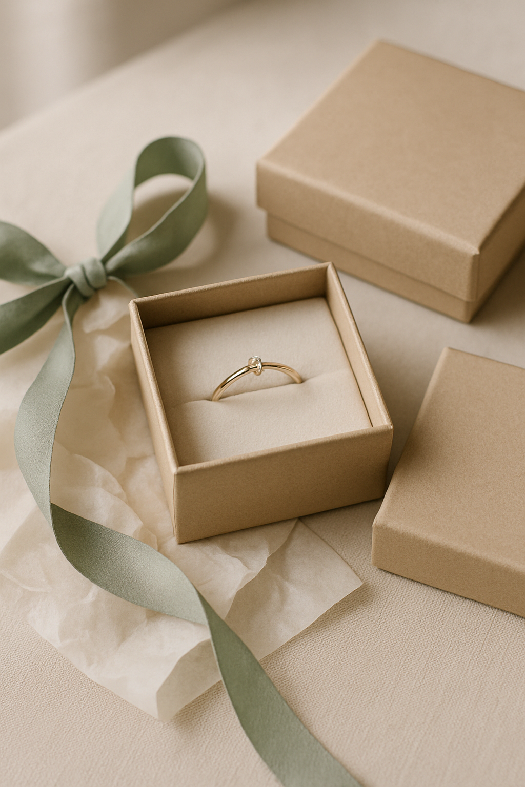 Open keepsake jewelry box with ribbon, tissue wrap, and ring presentation