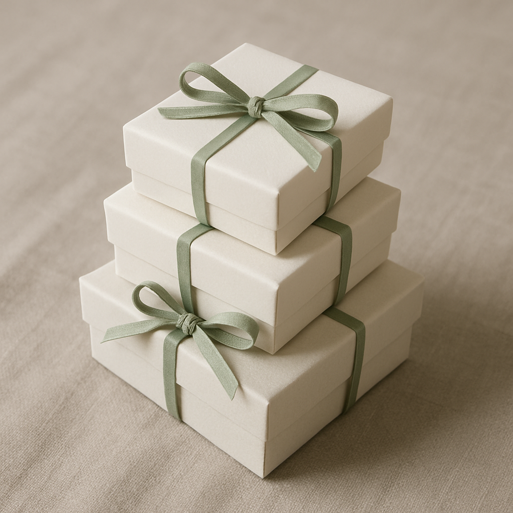 Stacked branded jewelry boxes tied with sage ribbon