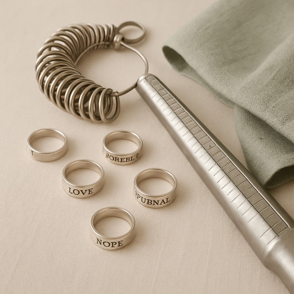 Jeweler ring sizer tools beside engraved rings on linen