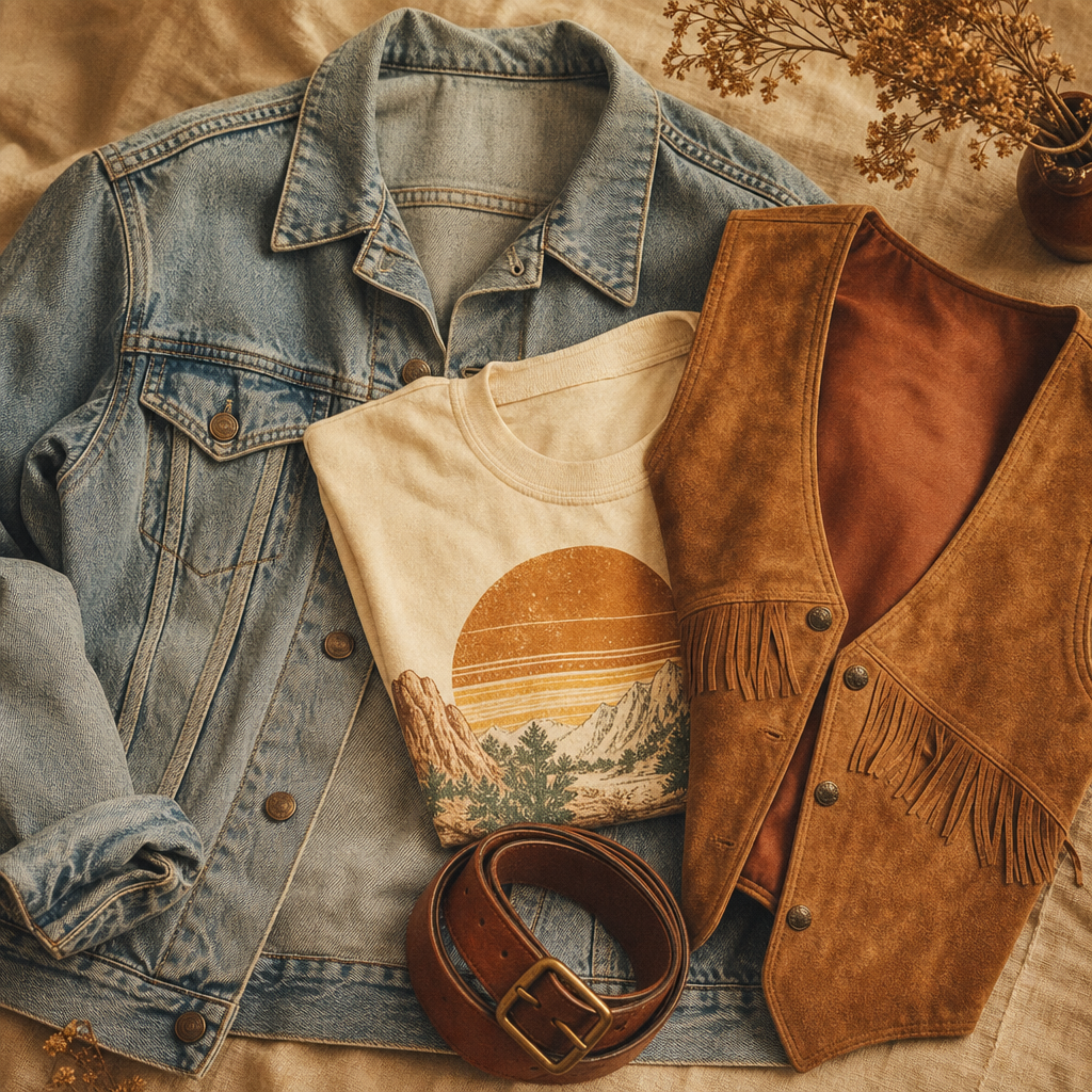 Warm film-style still life of 1970s essentials: light-wash denim jacket, tan suede vest, cream graphic tee, and brown leather belt arranged on textured linen.