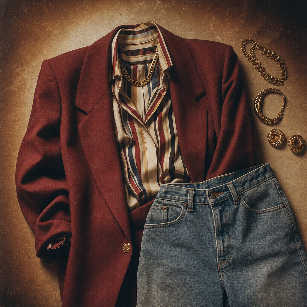 Moody film photograph of 1980s statement pieces: oversized burgundy blazer, striped silk blouse, high-waisted denim, and chunky gold jewelry on a vintage studio backdrop.