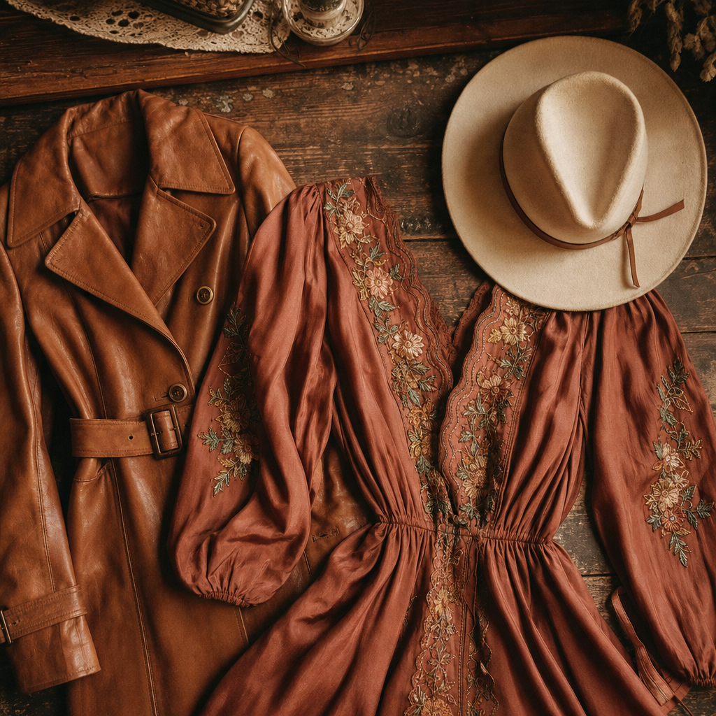 Editorial flat lay of rare vintage garments: caramel leather trench, embroidered silk dress in muted rust, and a cream hat placed on a weathered wooden table.