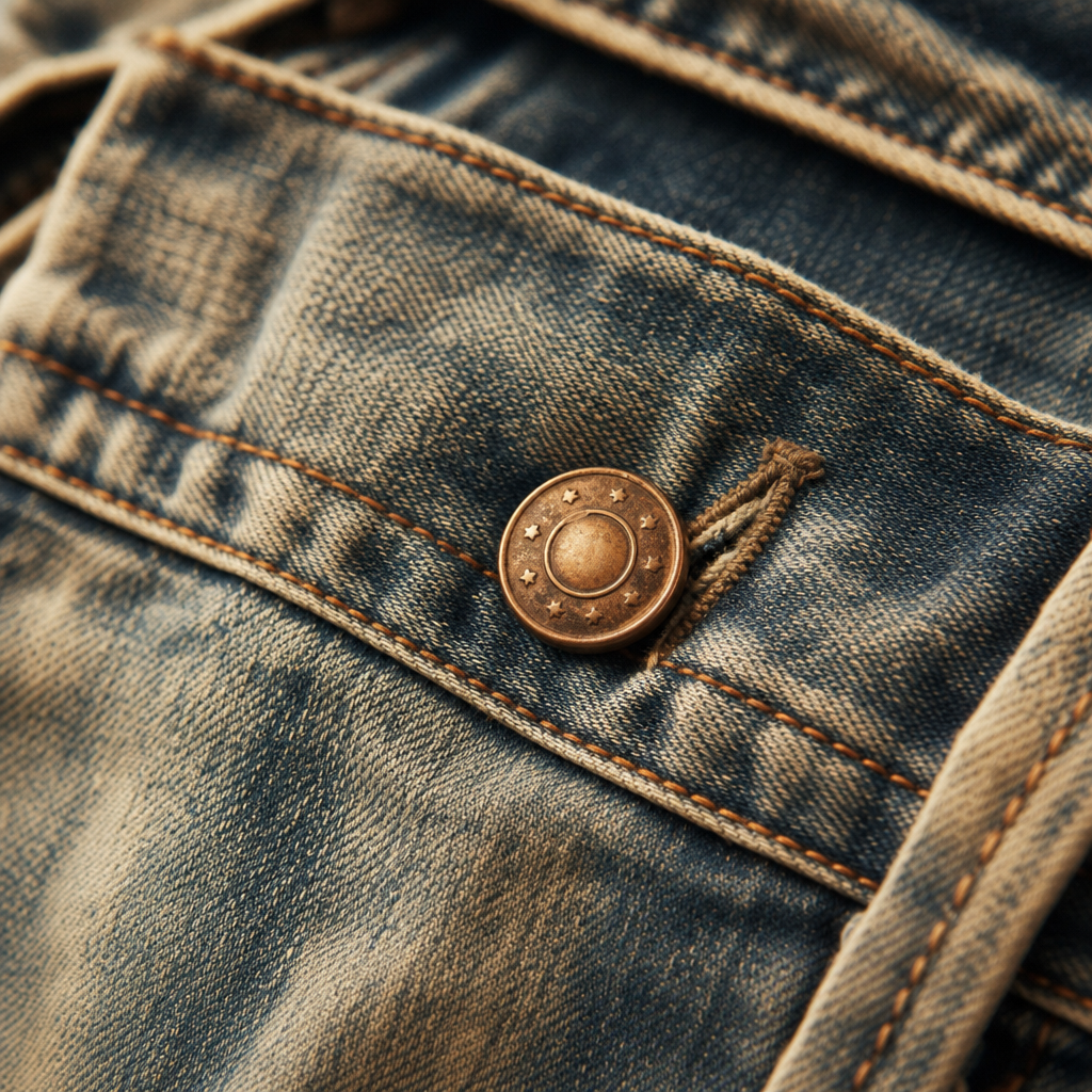 Close-up of faded denim with copper stitching and a vintage metal button