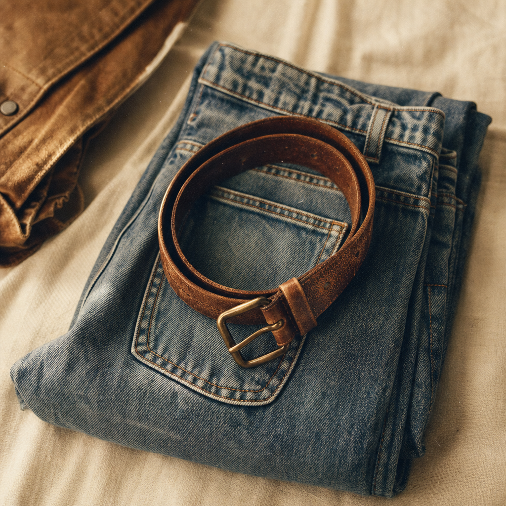 Faded wide-leg denim jeans folded with a vintage belt and soft grainy texture