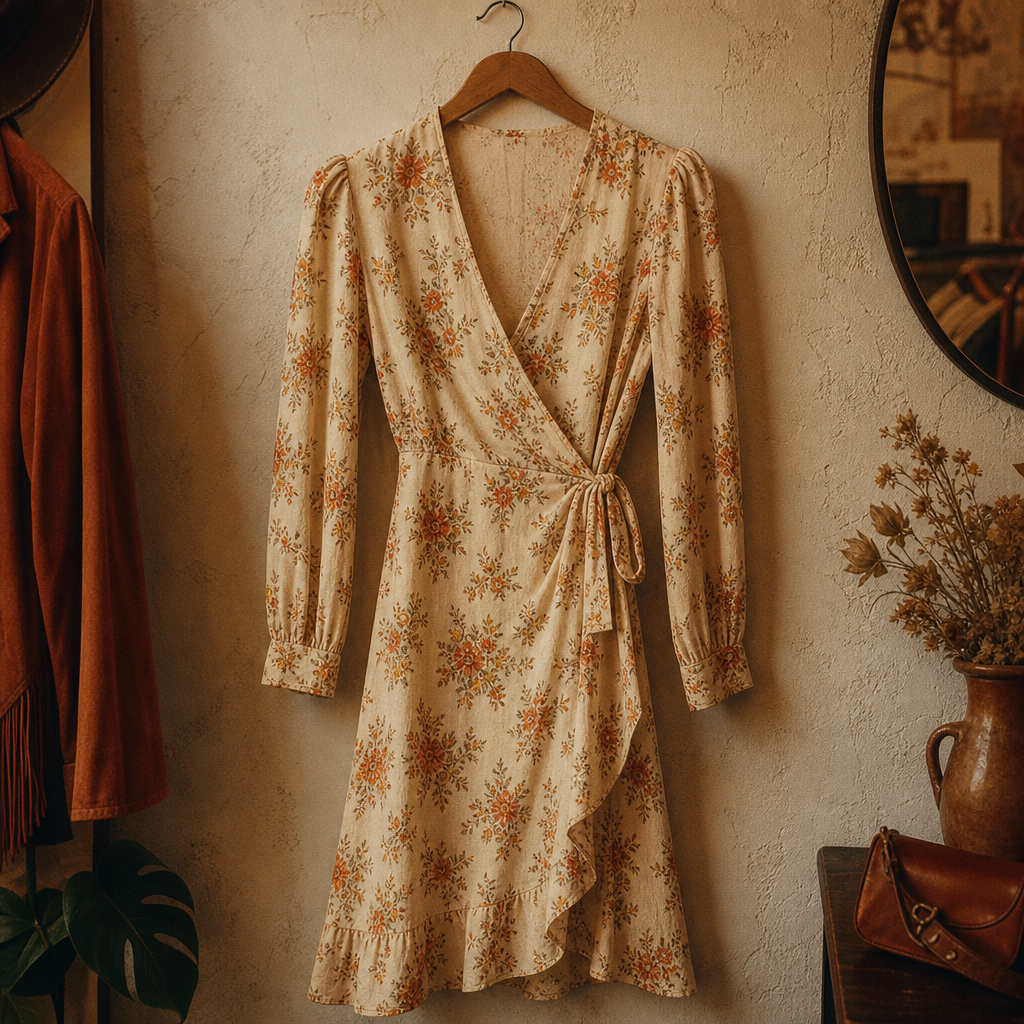 Cream floral 70s wrap dress hanging against a textured boutique wall