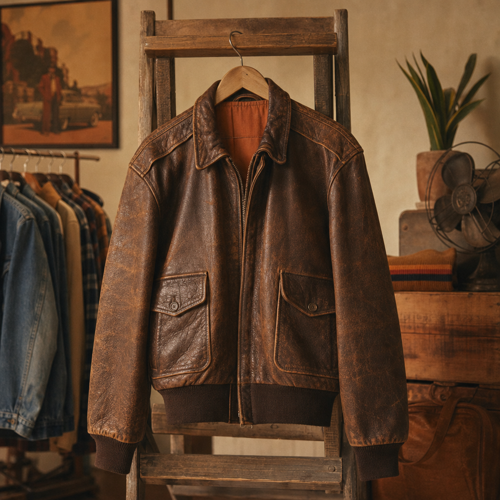 Warm vintage leather bomber jacket styled on a hanger with soft studio lighting