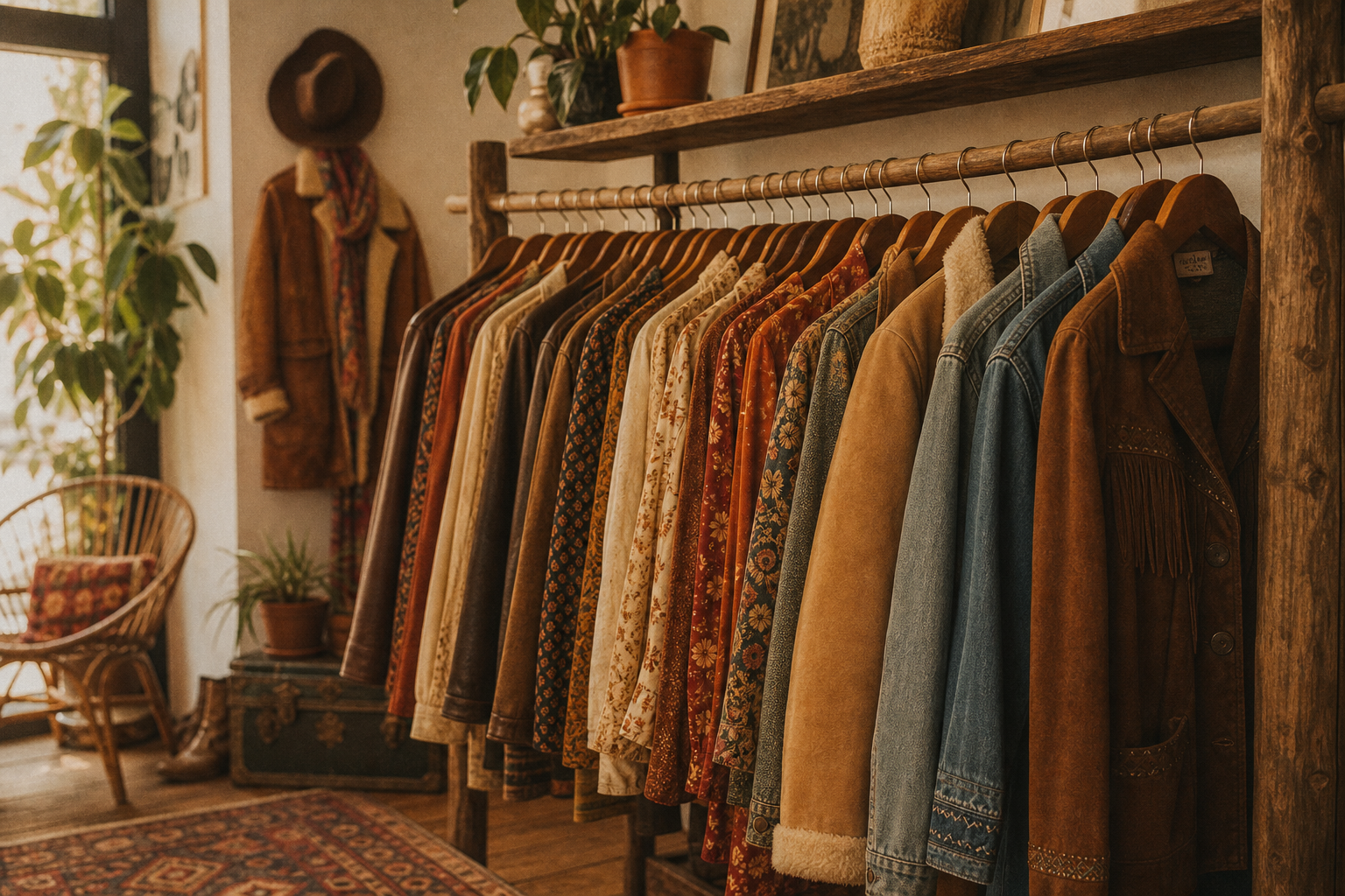 Warm, grainy boutique interior with a wooden rack of 70s and 80s jackets in earthy tones