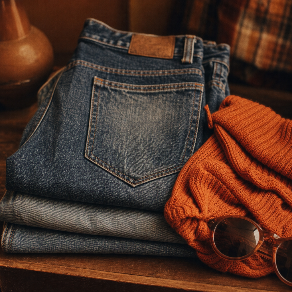 Close-up of folded vintage denim and a burnt-orange knit accessory on a wooden table